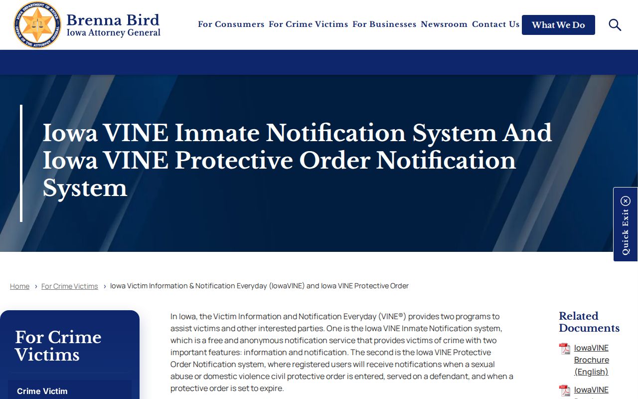 Iowa Attorney General IowaVINE statewide custody notification information
