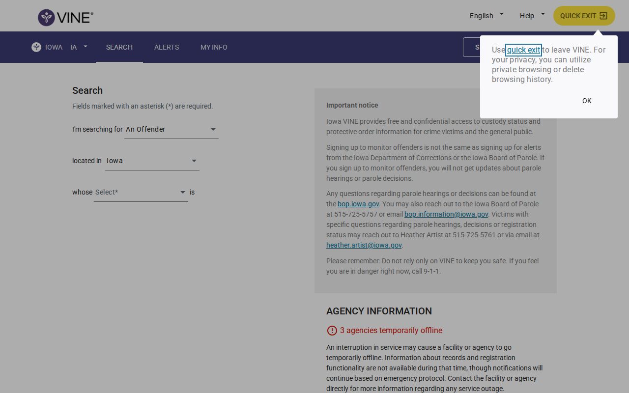 VINELink person search screen with Iowa selected