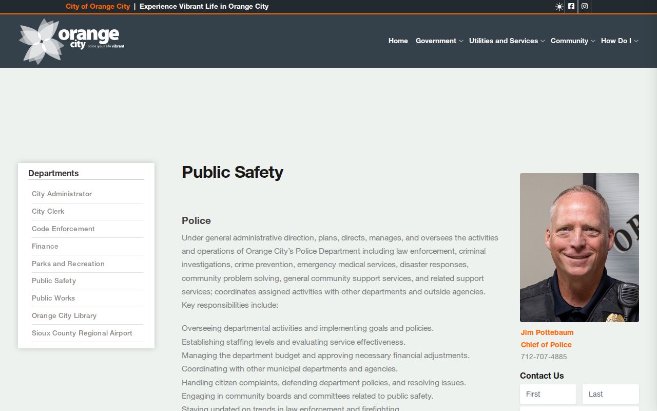 Orange City public safety page describing the police department role