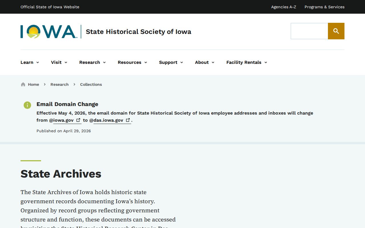 State Historical Society of Iowa State Archives collections page
