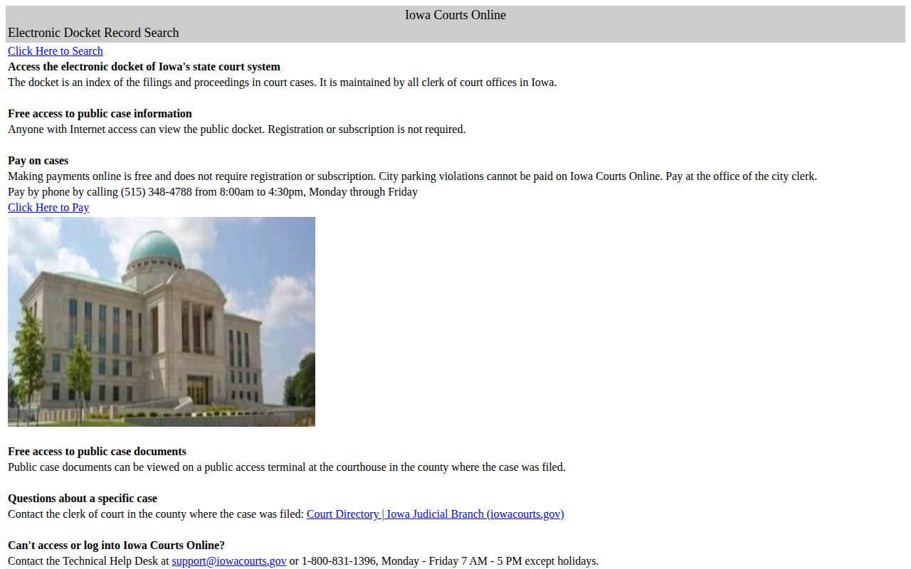 Iowa Courts Online trial court search landing page