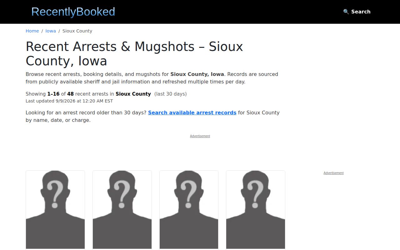Unofficial RecentlyBooked Sioux County page with update and source notes