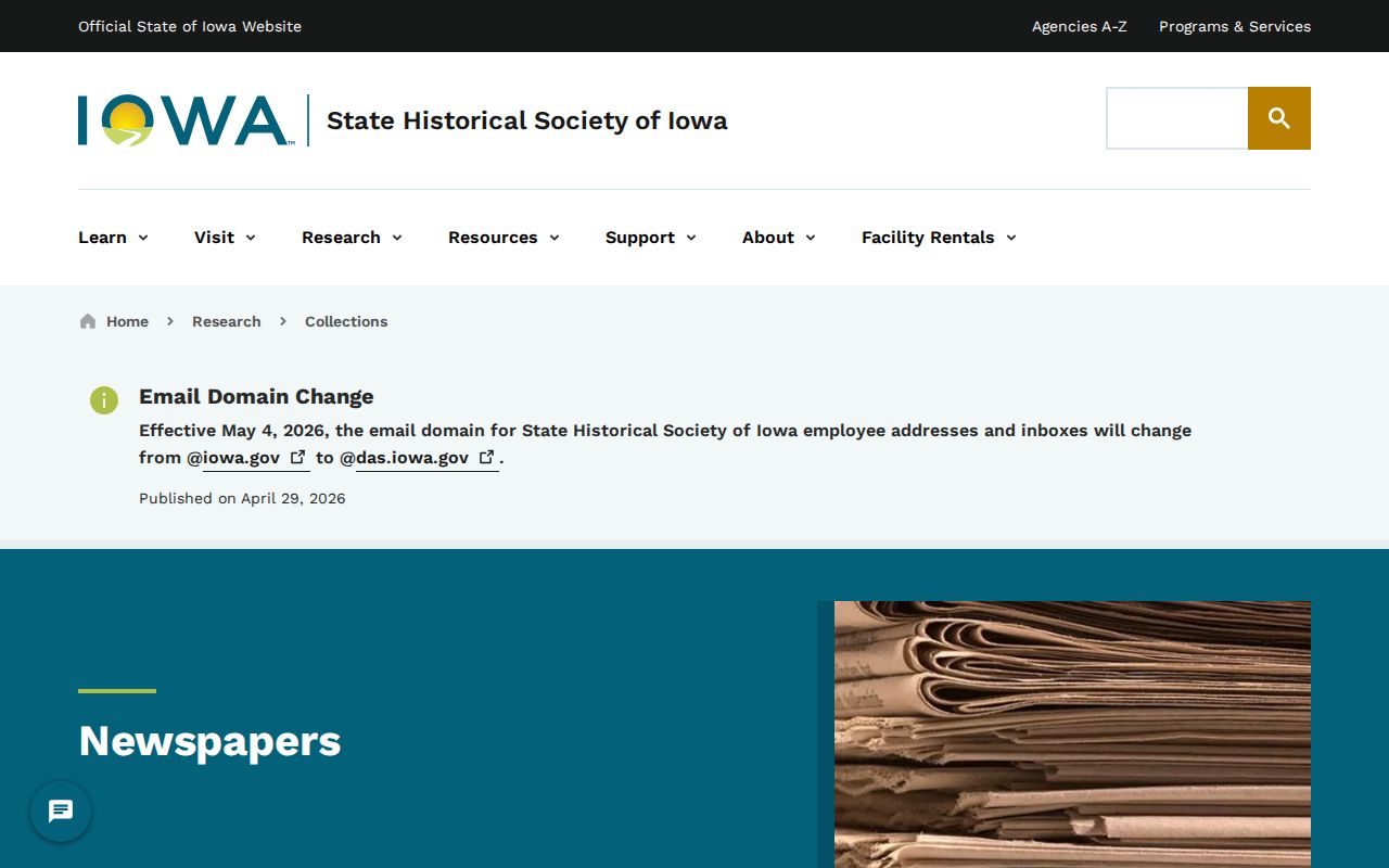 State Historical Society of Iowa newspaper collection and microfilm access page